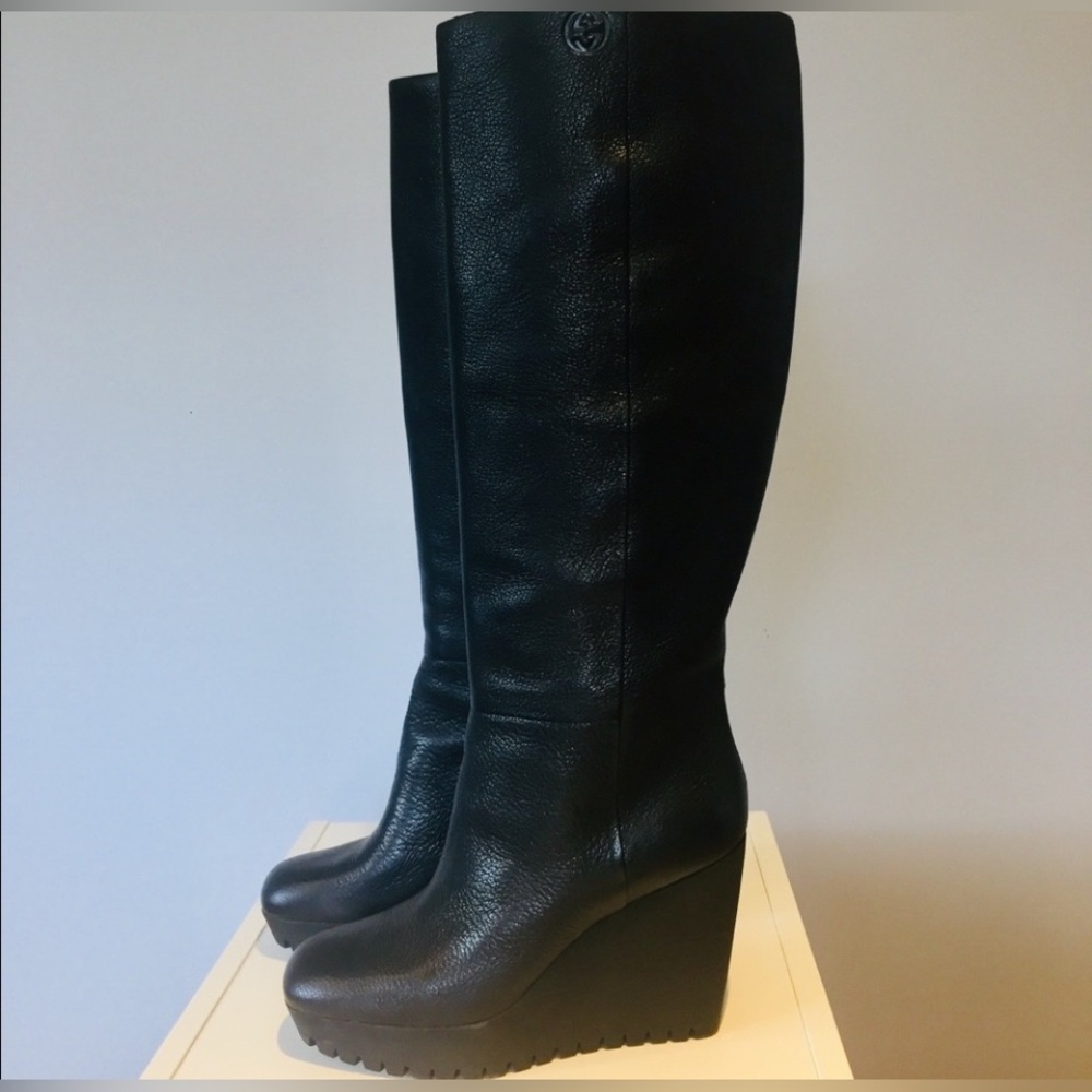 Gucci Black Leather Wedge Boots